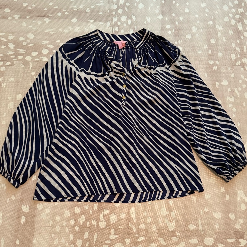 Lilly Pulitzer 100% Silk Navy and White Striped Blouse